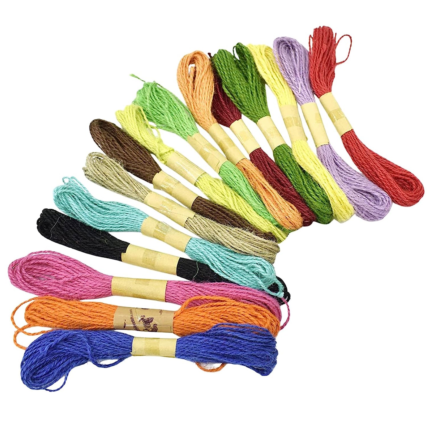Colored Jute Twine Cord 2mm, Pack of 12 Multi Colored Threads (10 Meters Each)