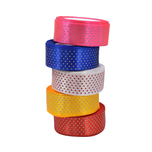 Dotted Satin Ribbon 1” Inch Wide, Roll Length 10 Meter, Multiple Colors, Pack of 5 Rolls