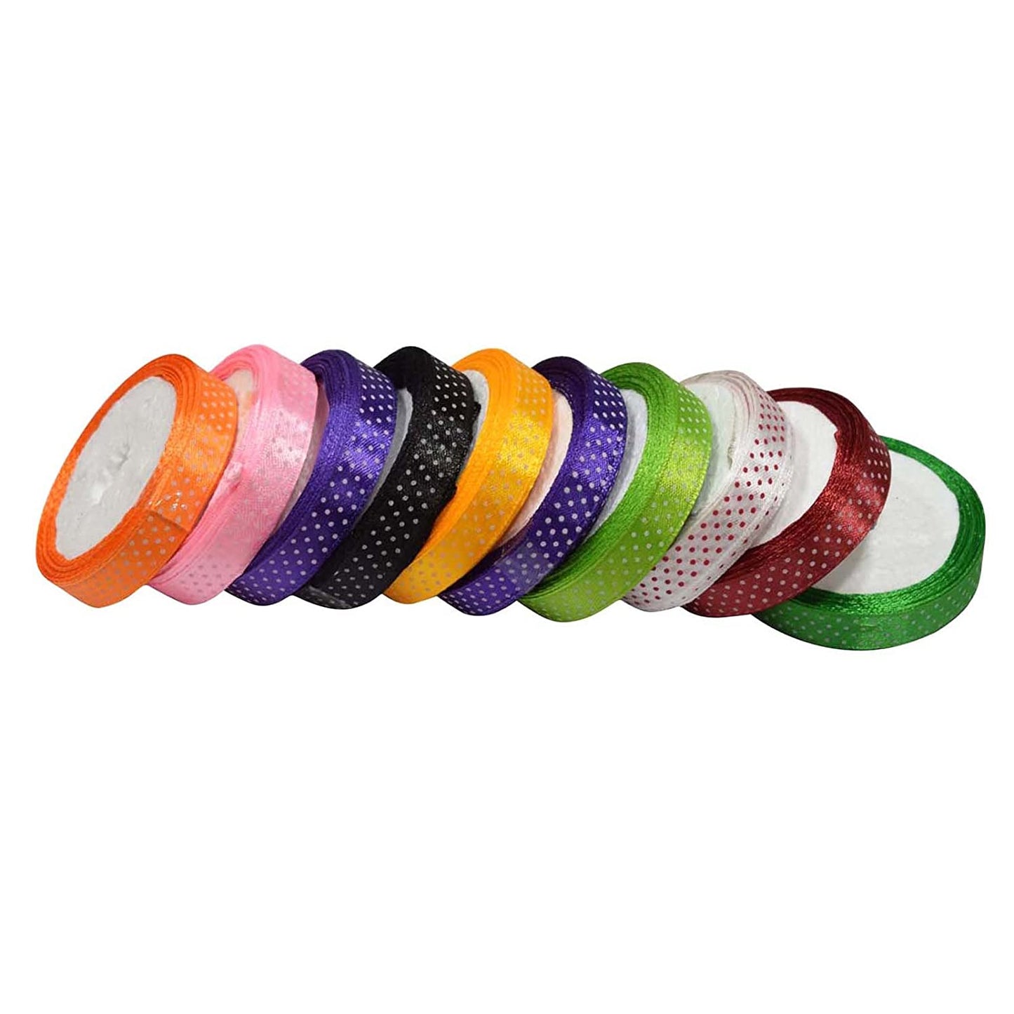 Dotted Satin Ribbon Multi Color, 0.5 Inches 10 Meter Each, Pack of 10 Rolls