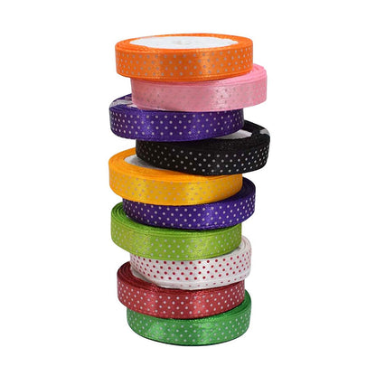 Dotted Satin Ribbon Multi Color, 0.5 Inches 10 Meter Each, Pack of 10 Rolls