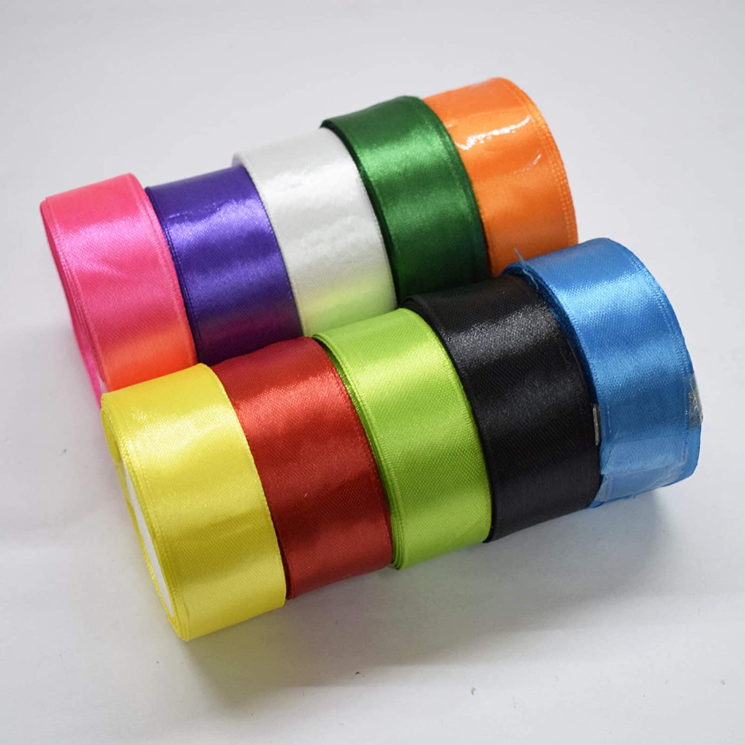 Multi-color Satin Ribbon for Craft 1 Inch, 10 Meter Each, Pack of 10 Rolls